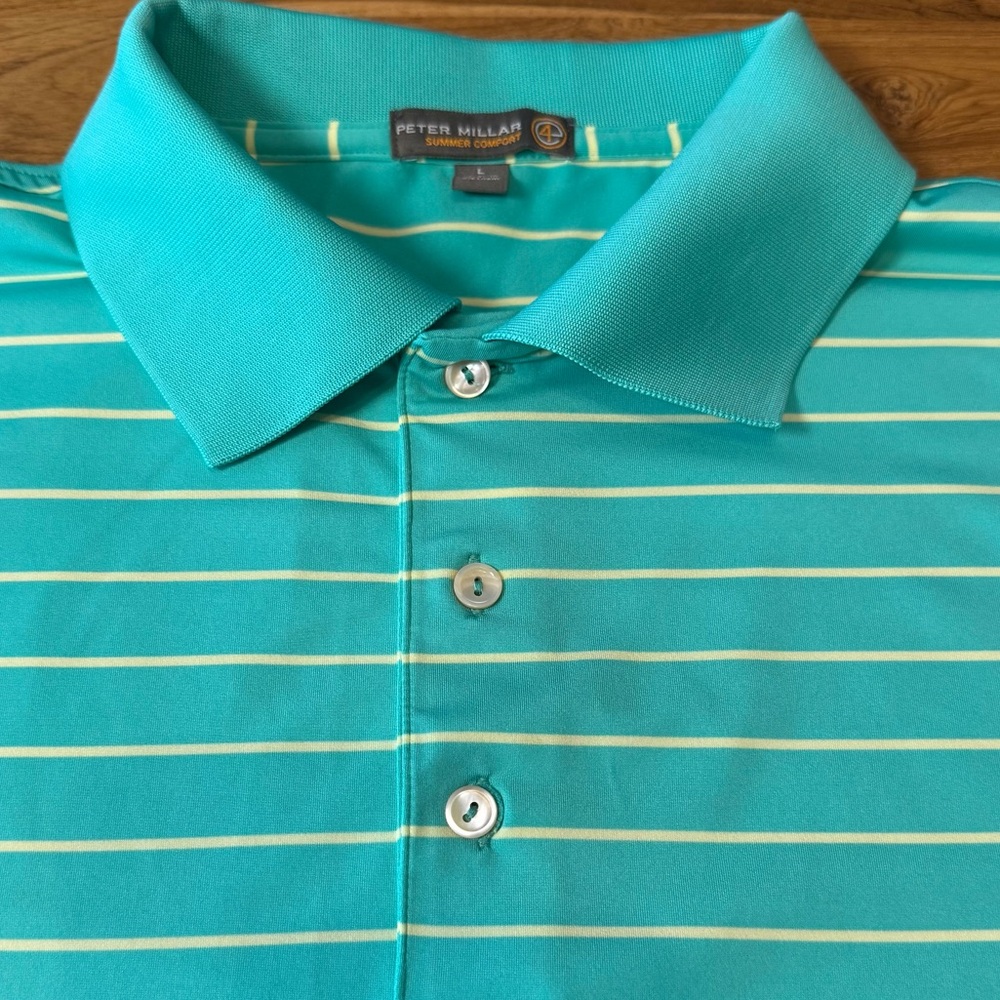 Peter Millar Polo Men’s Large Summer Comfort Embroidered “R” Aqua Light Yellow - Picture 5 of 10